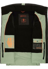 Czarna i miętowozielona kurtka wewnętrzna z ociepliną z polaru, z pomarańczowym logo, kieszeniami i kontrastującymi detalami w lamówkach.