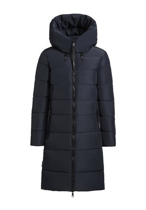 Manteau matelassé bleu marine avec une capuche haute froncée, fermeture éclair sur toute la longueur, poches latérales et design à côtes verticales. Matériau lisse et isolé.