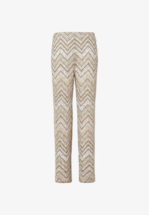 Pantalons texturés avec un motif en chevrons dans des nuances de beige, blanc et tons terreux ; silhouette à jambe droite avec taille mi-haute.