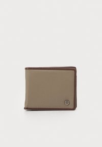 Khaki Geldbörse mit braunem Lederbesatz. Bicolor-Design, strukturiertes Material, mit Logoakzent und sauber gesteppten Kanten.