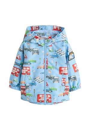 Hellblauer Kinderregenmantel mit Kapuze, verziert mit bunten Mustern von Autos, Bussen, Ampeln und Hunden. Vorderer Reißverschluss und elastische Bündchen.