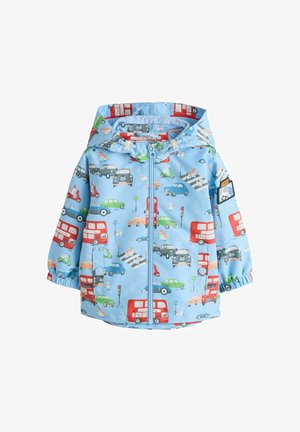 Imperméable bleu clair pour enfants avec capuche, décoré de motifs colorés de voitures, bus, feux de circulation et chiens. Fermeture éclair avant et poignets élastiques.