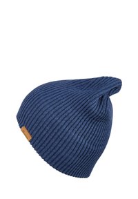 Knitted blue beanie with a ribbed texture and a pointed top; features a small brown leather tag on the side.