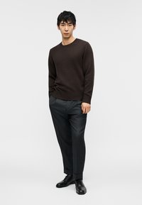 Καφέ πλεκτό πουλόβερ με στρογγυλή λαιμόκοψη, σε συνδυασμό με ανθρακί ριγέ παντελόνι και μαύρα δερμάτινα παπούτσια. Απλός και εφαρμοστός σχεδιασμός.