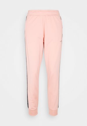 Lichtroze slim-fit joggingbroek met elastische tailleband, zwarte strepen aan de zijkant met witte logo's en geribbelde manchetten.