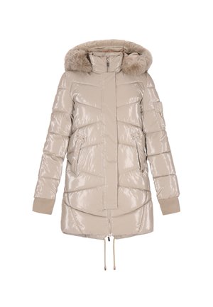 Beige sävykäs toppatakki kiiltävällä pinnalla, hupussa karvavuori, vetoketju edessä, vetoketjulliset taskut ja resorit hihansuissa. Vyötäröllä kiristysnauha.