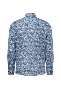 Lange mouwen overhemd in lichtblauwe stof met een bloemmotief in tinten blauw, roze en crèmewit, voorzien van een standaard kraag en knoopmanchetten.