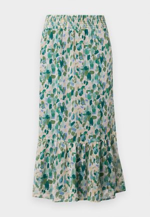 Jupe midi avec taille élastique, ourlet à volants, et imprimé floral abstrait en vert, bleu et beige.
