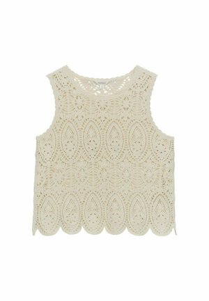 Hæklet ærmeløs top i off-white. Har detaljerede blomster mønstre og bølget kant. Blød tekstur, afslappet pasform. Let og åndbart stof.