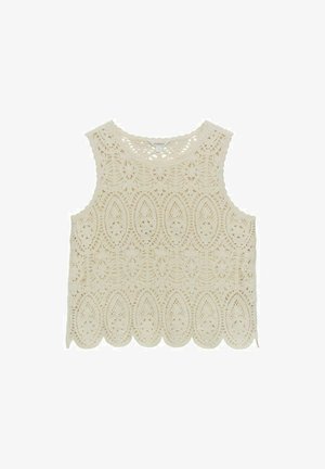 Top sans manches en crochet couleur blanc cassé. Présente des motifs floraux intricats et un ourlet festonné. Texture douce, coupe décontractée. Tissu léger et respirant.