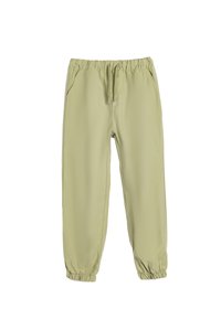 Lichtgroene, elastische broek met zijzakken, elastische boorden en een soepele textuur. Ontworpen voor comfort en draaggemak.
