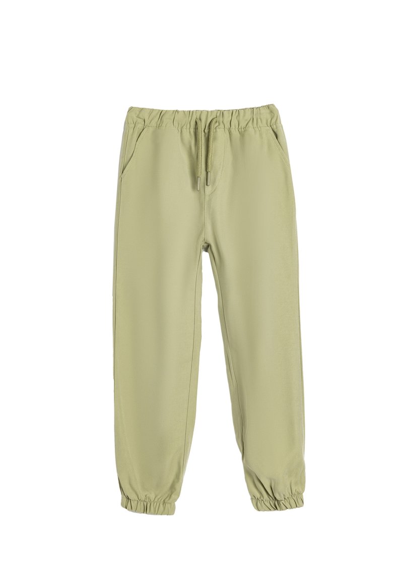 Lichtgroene, elastische broek met zijzakken, elastische boorden en een soepele textuur. Ontworpen voor comfort en draaggemak.