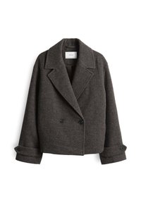 Wollen blazer in donkergrijs met een dubbelzijdig ontwerp, ingezette kraag en zwarte knopen; heeft een gestructureerde maar zachte textuur.
