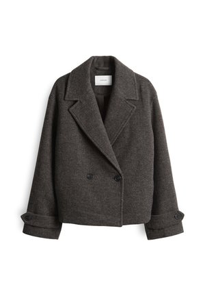 Wollen blazer in donkergrijs met een dubbelzijdig ontwerp, ingezette kraag en zwarte knopen; heeft een gestructureerde maar zachte textuur.