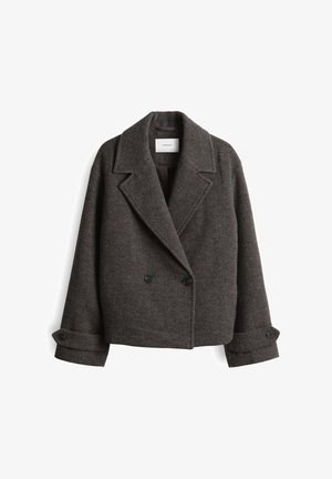 Dunkelgraue Wollmischung-Peacoat mit doppelter Knopfleiste, Reverskragen und schwarzen Knöpfen; zeichnet sich durch eine strukturierte, aber weiche Textur aus.