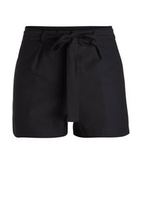 Černé elegantní šortky s hladkým povrchem, zdobené předním uzlem a se zvýrazněným pasem. Bez viditelných kapes.