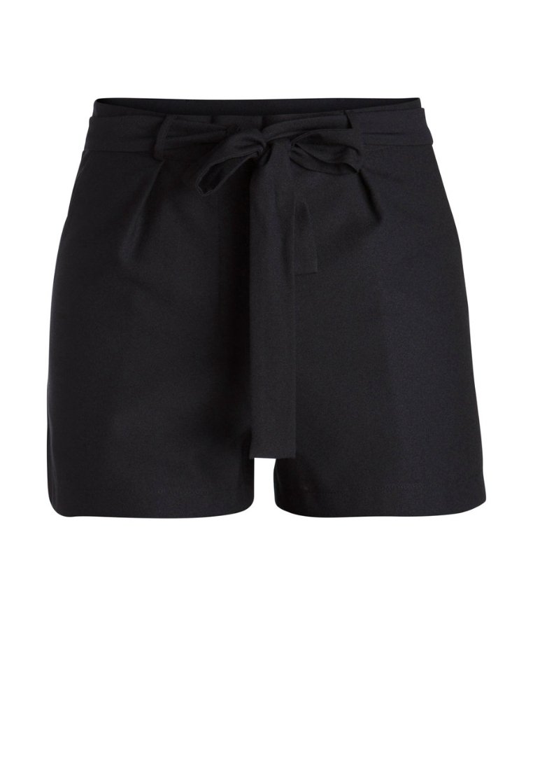Černé elegantní šortky s hladkým povrchem, zdobené předním uzlem a se zvýrazněným pasem. Bez viditelných kapes.