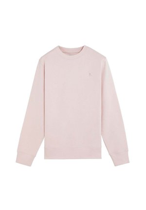 Sudadera de color rosa claro con manga larga y cuello redondo, puños y bajo acanalados, diseño liso y pequeño logotipo discreto en el pecho.