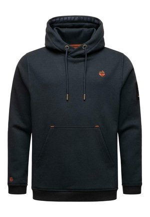 Donkerblauwe hoodie met een voorzak, verstelbare trekkoorden en oranje accenten. Ribgebreide manchetten en zoom met logo op de borst.