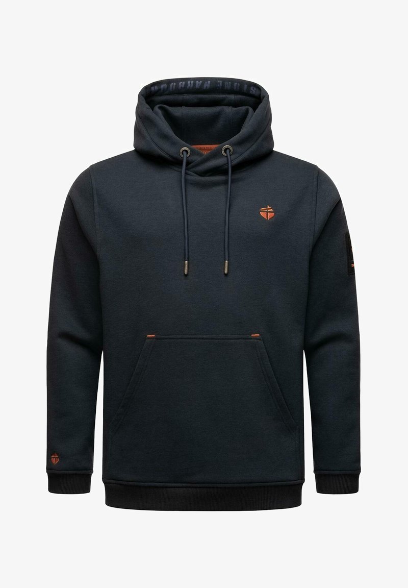 Mörkblå huvtröja med framficka, justerbara snoddar och oranga detaljer. Ribbad mudd och nederkant med logotyp på bröstet.