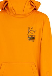 Oranžová mikina s kapucňou so zobrazením čiernej hory a textom. Vyrobená z hladkej tkaniny, má klokanie vrecko a veľkú kapucňu.