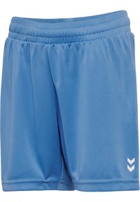 Shorts de sport bleu clair en tissu lisse. Présentent une taille élastique et un logo en chevron blanc sur le bas à droite.