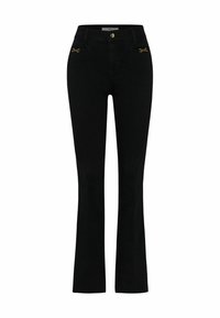 Pantaloni flare in denim nero con vita media, sottili dettagli dorati sui taschini e un tessuto liscio e testurizzato.