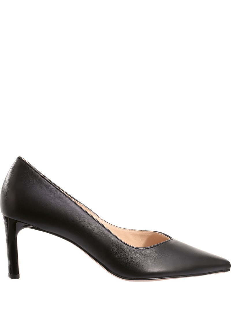 Pump in pelle nera con punta affusolata, design elegante e tacco lucido. Presenta un taglio basso sui lati per un aspetto slanciato.