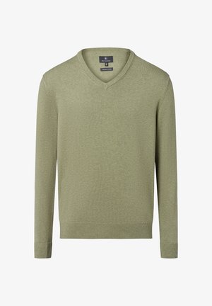 Groene V-hals trui van biologisch katoen, met een zachte textuur, lange mouwen en geribde boorden en zoom. Eenvoudig, minimalistisch ontwerp.