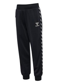 Zwarte sportbroek met elastische taille en boorden, met witte chevron-zijstrepen en een klein wit Hummel-logo op het bovenbeen.