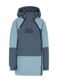 Veste imperméable bleue et grise avec capuche, dotée d'une fermeture éclair à l'avant, de poignets élastiques et d'un logo sur la poitrine. Conception en tissu respirant.