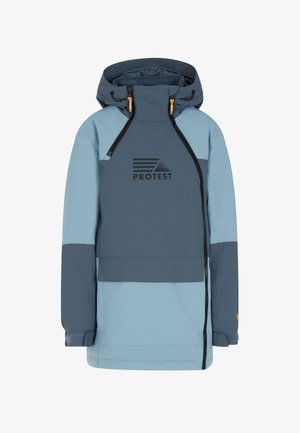 Blauwe en grijze waterdichte jas met capuchon, voorzien van een voorrits, elastische manchetten en een logo op de borst. Ademend stoffen ontwerp.