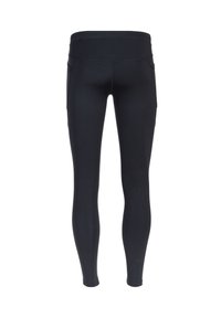 Zwarte leggings van rekbaar materiaal, met een hoge tailleband, slanke pasvorm en zijzakken zonder zichtbare merkbedrukkingen of patronen.