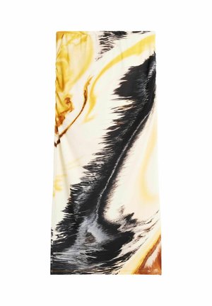 Tessuto rettangolare con motivo astratto marmorizzato in toni di nero, bianco, giallo e marrone su sfondo bianco.