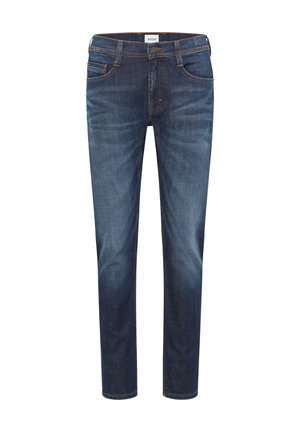Donkerblauwe denim jeans met een rechte snit, vijf-pocketontwerp, contrasterende oranje stiksels, met een drukknoop- en ritssluiting.