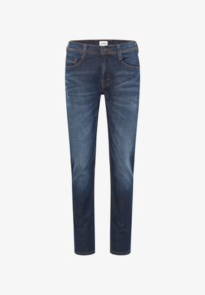 Granatowe dżinsy o prostym kroju, z pięcioma kieszeniami, kontrastowym pomarańczowym przeszyciem, z zapięciem na guzik i suwak.