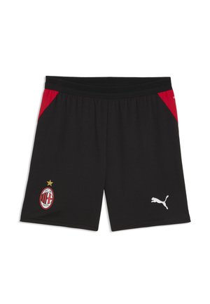 Shorts de sport noirs avec des panneaux latéraux rouges, logo AC Milan sur la jambe gauche et logo blanc Puma sur la jambe droite, taille élastique.