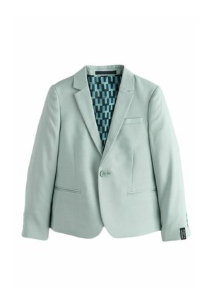 Mint green blazer with a single button, structured shoulders, and front pockets. The lining features a geometric pattern in dark teal.