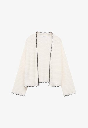 Hvid strikket cardigan med løs pasform, bølget sort kant langs kanter og halsudskæring, med brede ærmer og åben frontdesign.