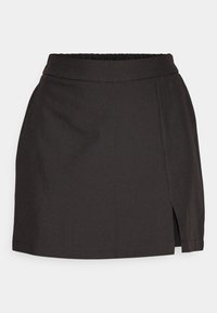 Zwarte rok gemaakt van gladde stof, met een elastische tailleband, een rechte snit en een zijsplit voor gemakkelijk bewegen.