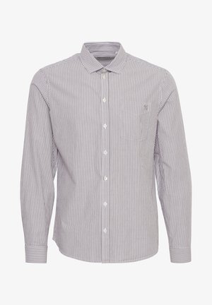 Cămașă cu mânecă lungă, închisă cu nasturi, cu dungi verticale albastre și albe, cu guler ascuțit și un buzunar pe pieptul stâng. Fabricată dintr-un material țesut.