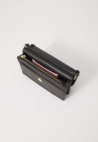 Black leather wallet with a textured finish, featuring a gold zipper and a pink interior pocket, rectangular shape, and a small logo detail.