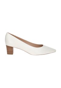 Escarpin en cuir blanc avec une texture lisse, un nez pointu et un talon en bois empilé. Design simple sans embellissements.