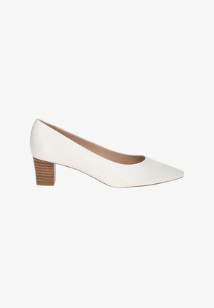 White leather pump with a smooth texture, pointed toe, and a stacked wooden heel. Simple design without embellishments.