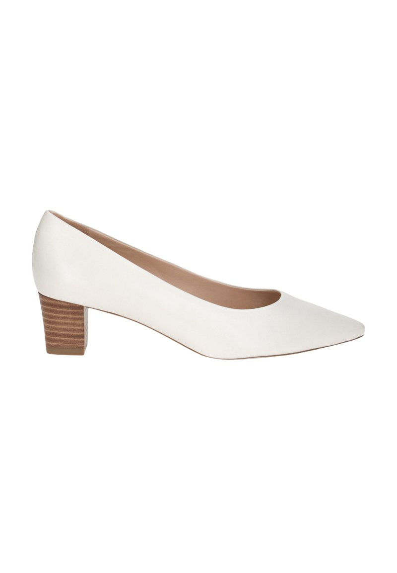 Escarpin en cuir blanc avec une texture lisse, un nez pointu et un talon en bois empilé. Design simple sans embellissements.