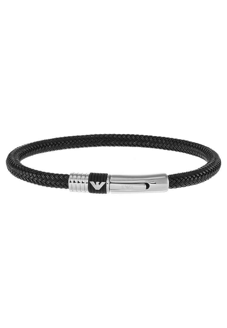 Black woven bracelet with a silver clasp and black accent. Features a braided texture and a smooth finish on the clasp.
