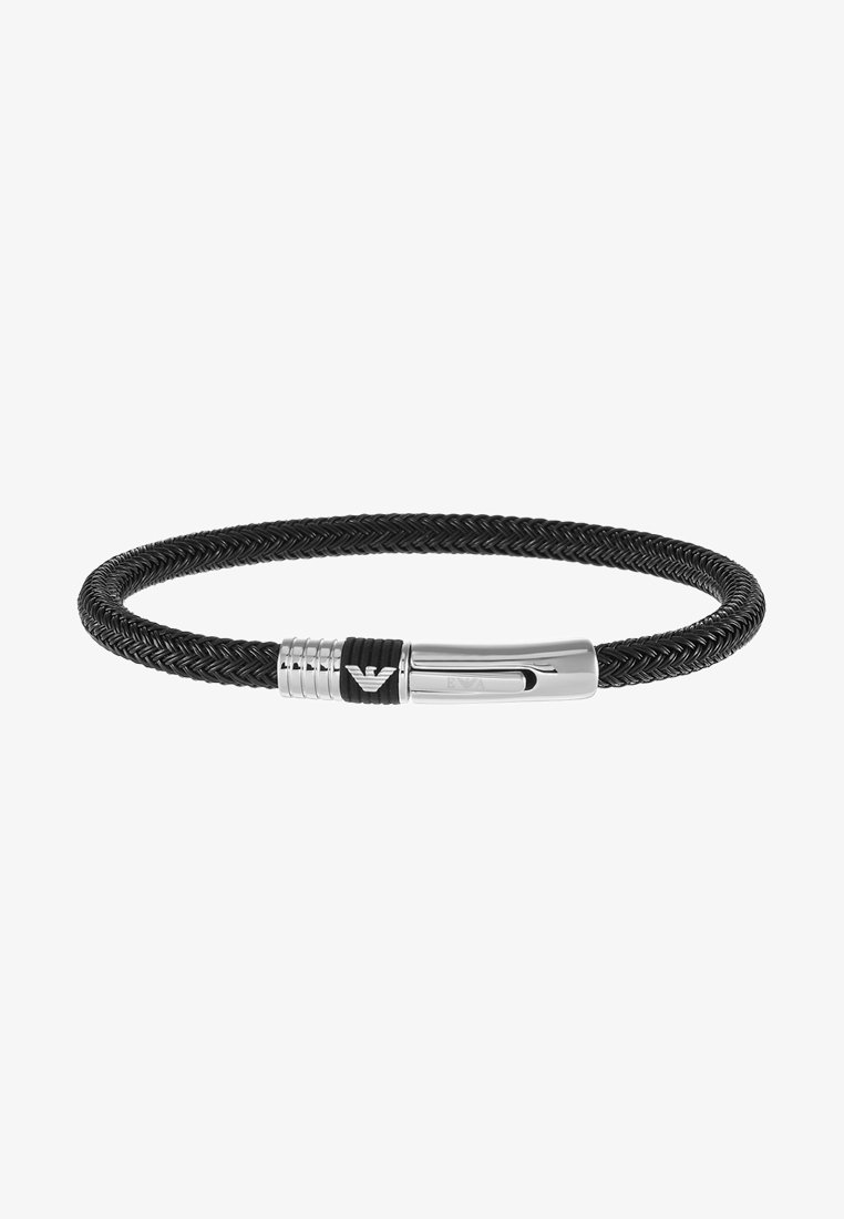 Black woven bracelet with a silver clasp and black accent. Features a braided texture and a smooth finish on the clasp.