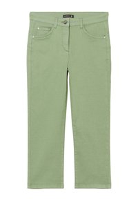 Pantaloni in denim verde chiaro con taglio dritto, dotati di tasche frontali, chiusura a bottone e design minimalista. Texture liscia, senza fantasie.