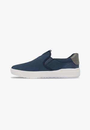 Navy blue slip-on shoes made of suede, featuring a white rubber sole and contrasting gray heel accent, with elastic side panels for easy wear.