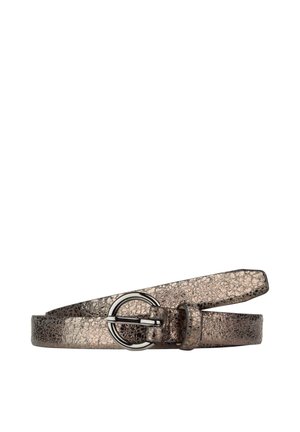 Metallisch bronzefarbenem Kunstledergürtel mit strukturierter Oberfläche, dünnem Design und einer runden Metallschnalle in Silber-Finish.